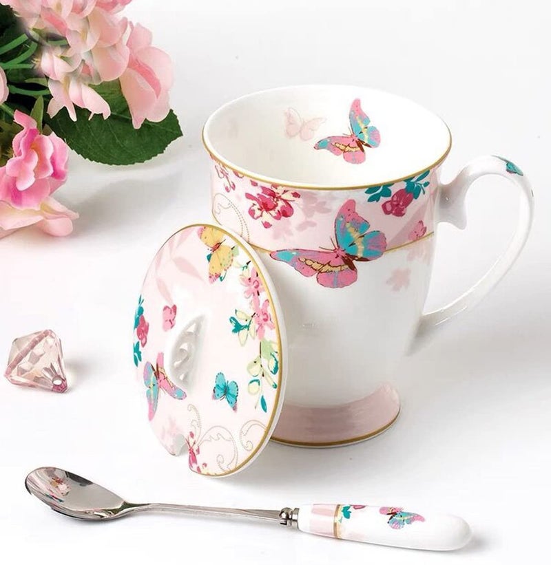 Eplze YBK Tech Euro Style Porcelain Tea Cup Coffee Mug with Lid for Breakfast Home Kitchen (((Butterflies Pattern) (Pink))) - Image 4